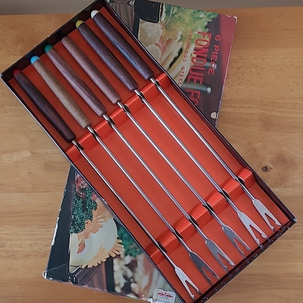 VINTAGE Mid Century Modern Fondue Fork Set, Wood Handles In Original Box